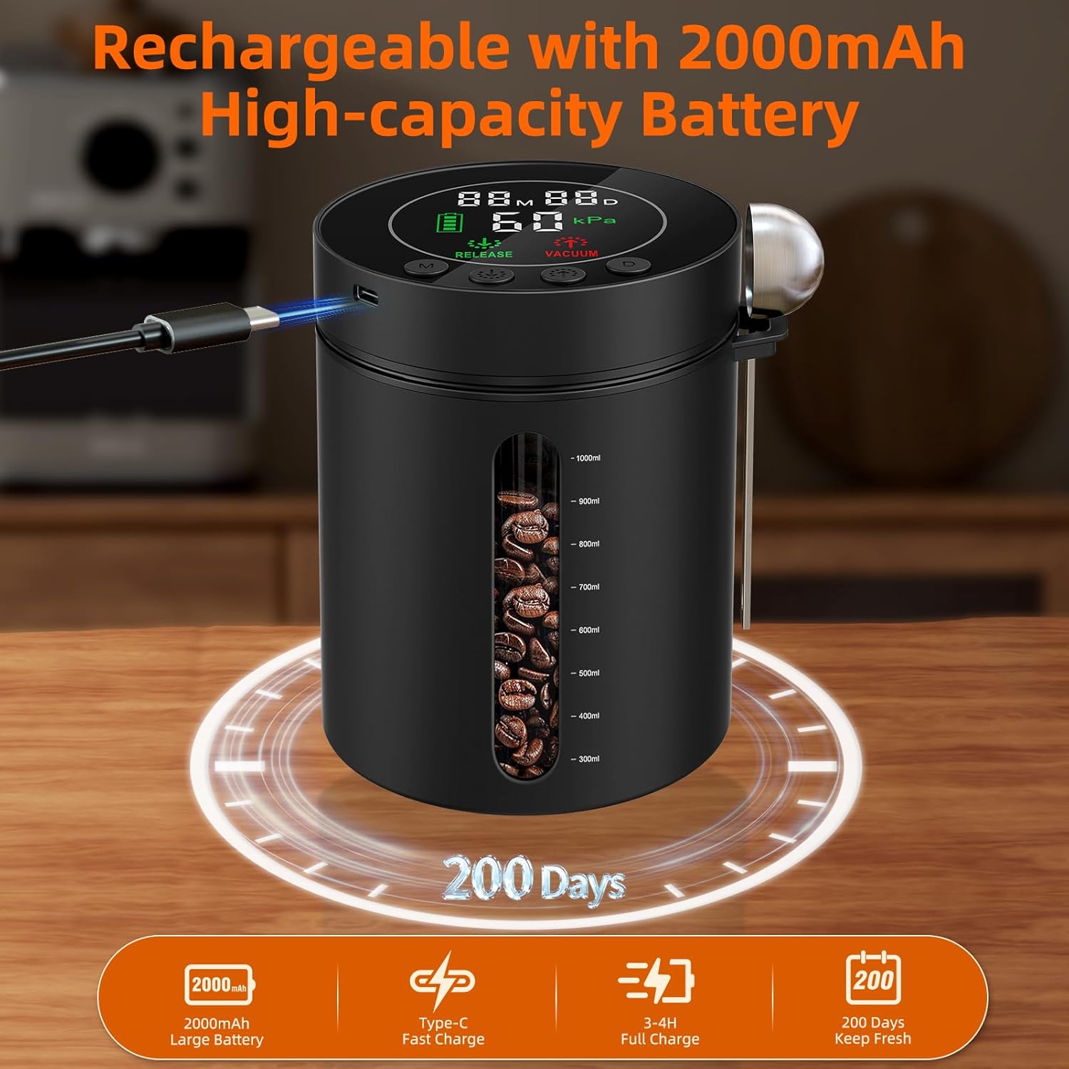 Automatic Vacuum Coffee Canister, 1.3L Coffee Container with LED Display | Smart Pressure Sensor,Window,Scoop