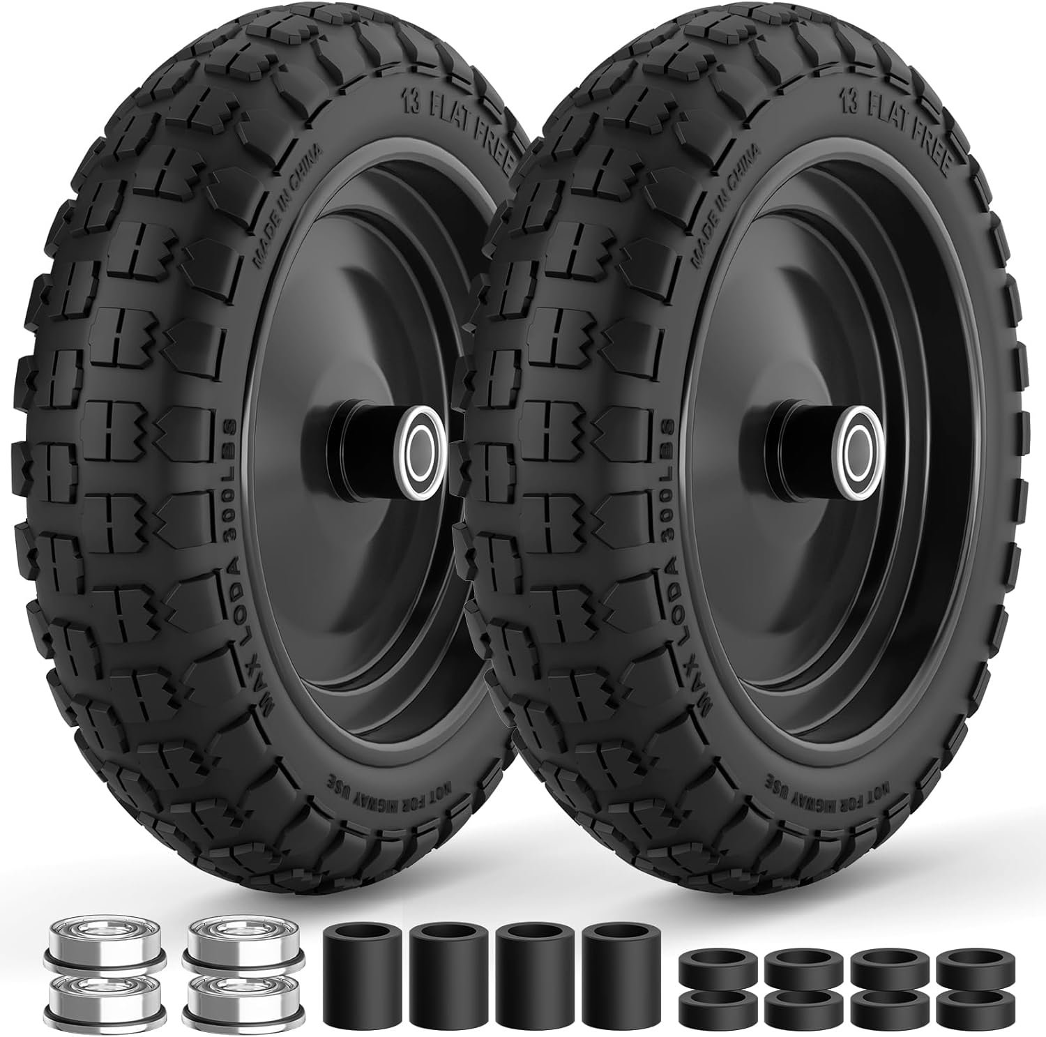 4.00-6 Flat Free Tire and Wheel, 13 Inch Solid Garden Wheelbarrow Tires, 300Lbs with 5/8" & 3/4" Axle Hole, 1"-3.5"