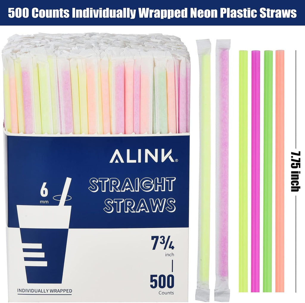 500-Pack Plastic Disposable Drinking Straws Individually Wrapped, Neon Colored Straight Party Straws - 7.75" x 0.23"