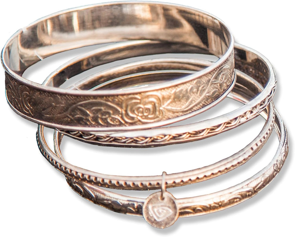 Alia Bangle Bracelets Set - Set of 4 Handmade Brass Bangles with Silver Plating - Durable & Lightweight Bangles for