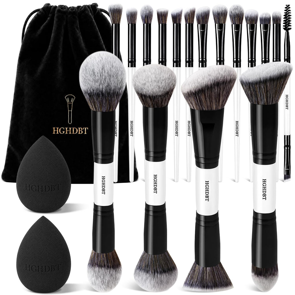 20Pcs Black White Makeup Brushes Set Professional with Case Premium Synthetic for Foundation Concealer Blush Eye