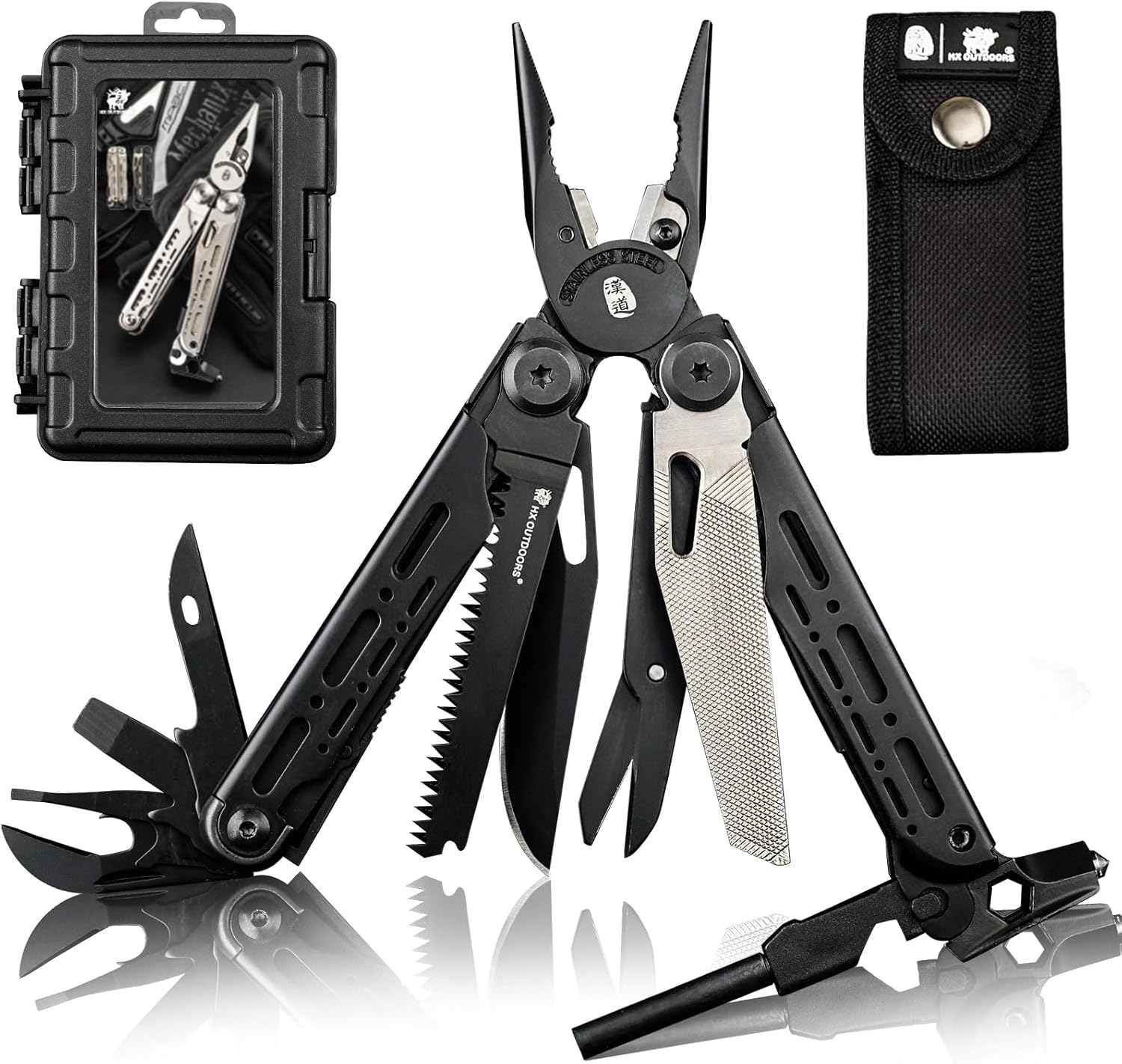 19 In 1 Pocket Multi Tool, Stainless Steel Multitools Pliers with Fire Starter and Glass Breaker, Folding EDC Camping