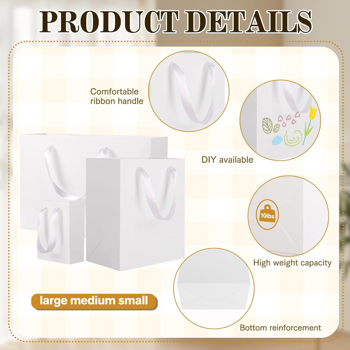 6 Pack White Gift Bags with Handles and 12 Tissue Papers