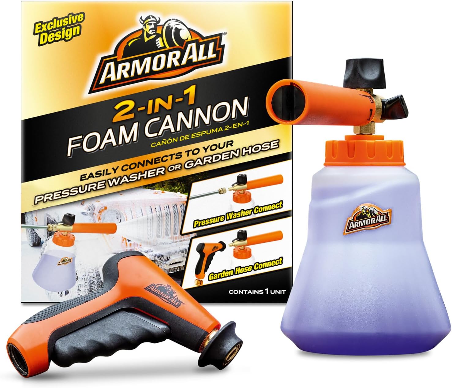 2-in-1 Foam Cannon Kit for Garden Hoses and Power Washers | 3-piece car washing kit with 40-ounce reservoir, marked