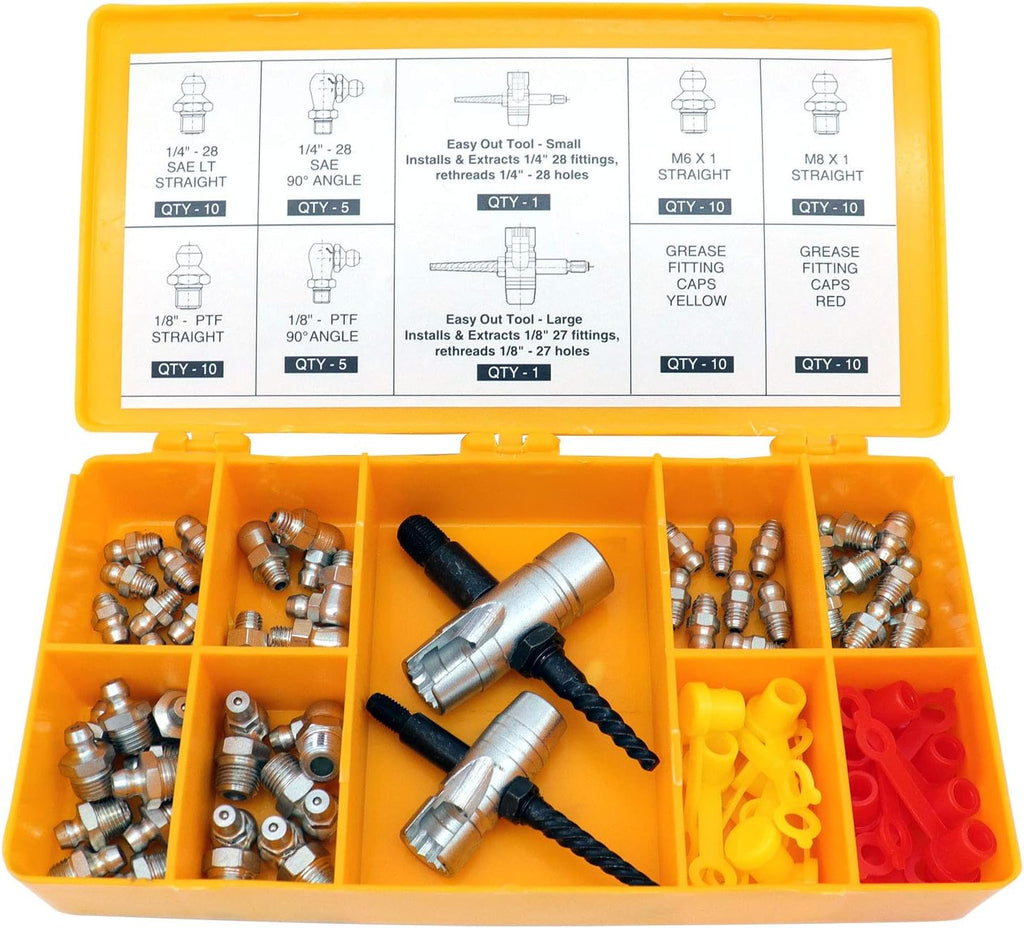 LockNLube Complete Grease Fitting Replacement Kit - SAE and metric Zerks, multi-tools, fitting caps