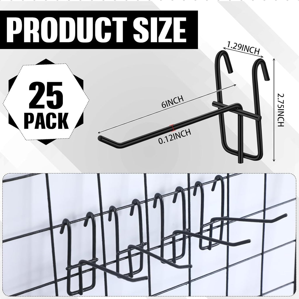 25 Pack Grid Wall Hooks, 6 Inch Black Gridwall Hanger | Metal Build for Retail Craft Displays, Fits Gridwall Panels