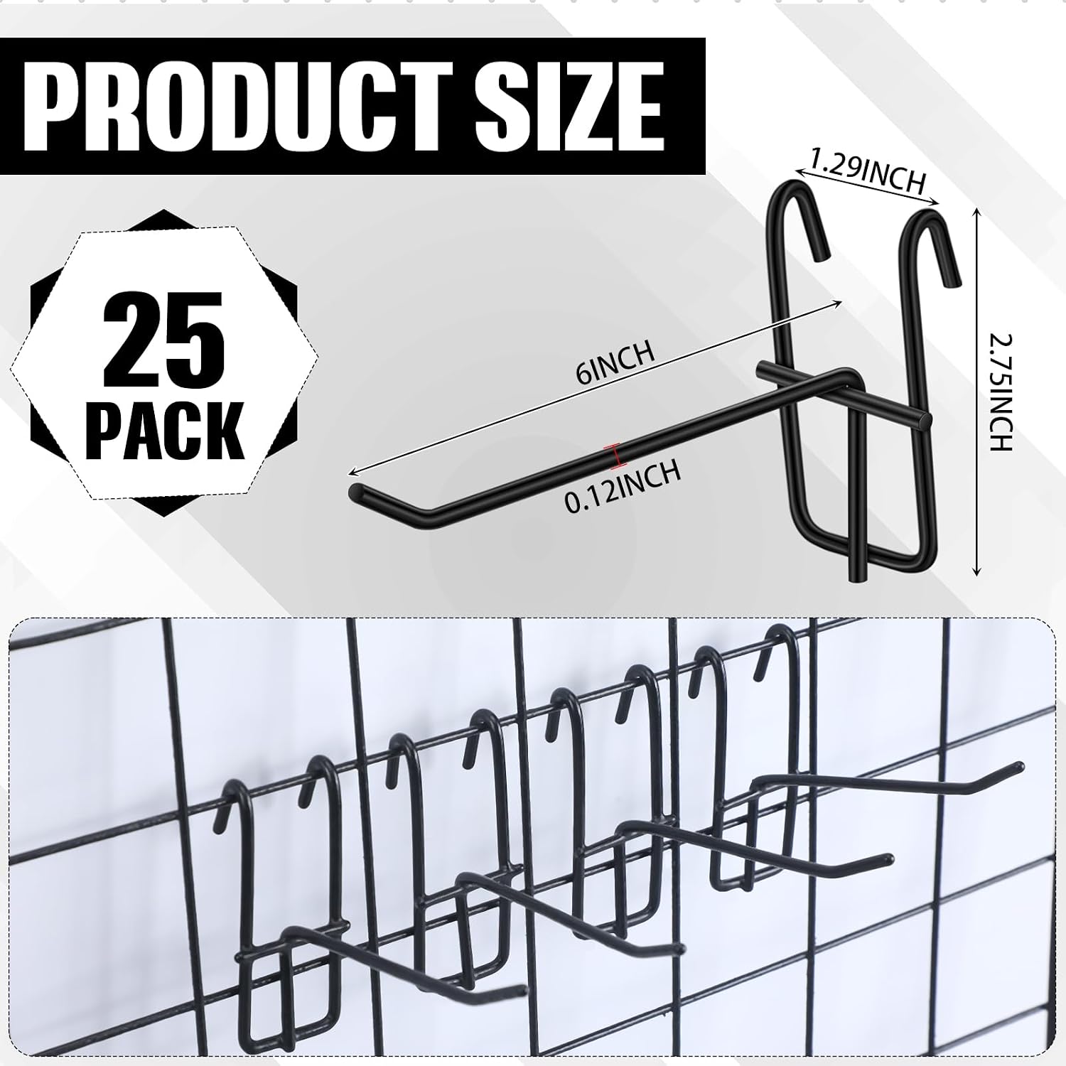 25 Pack Grid Wall Hooks, 6 Inch Black Gridwall Hanger | Metal Build for Retail Craft Displays, Fits Gridwall Panels