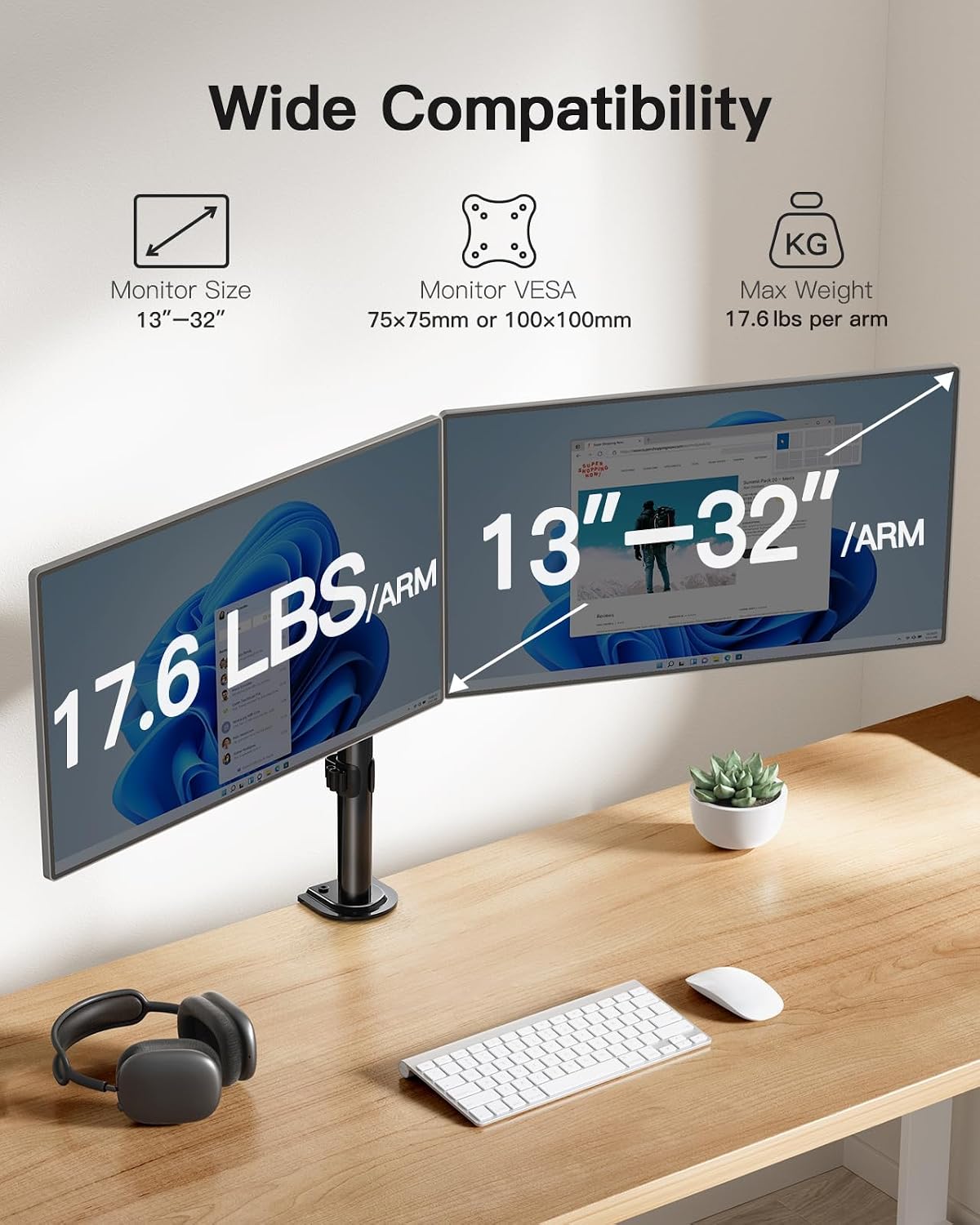 Dual Monitor Mount for 2 Monitors up to 32 inches, Heavy Duty Dual Monitor Stand Holds up to17.6lbs, Dual Monitor Arm