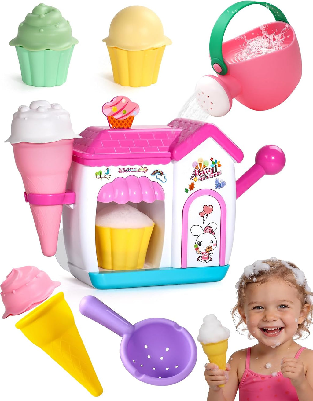 Bath Toys for Kids Ages 4-8 Ice Cream Foam Maker Play Set | Bubble Pretend Play Cake Set Bath Toys for Toddlers 3-5