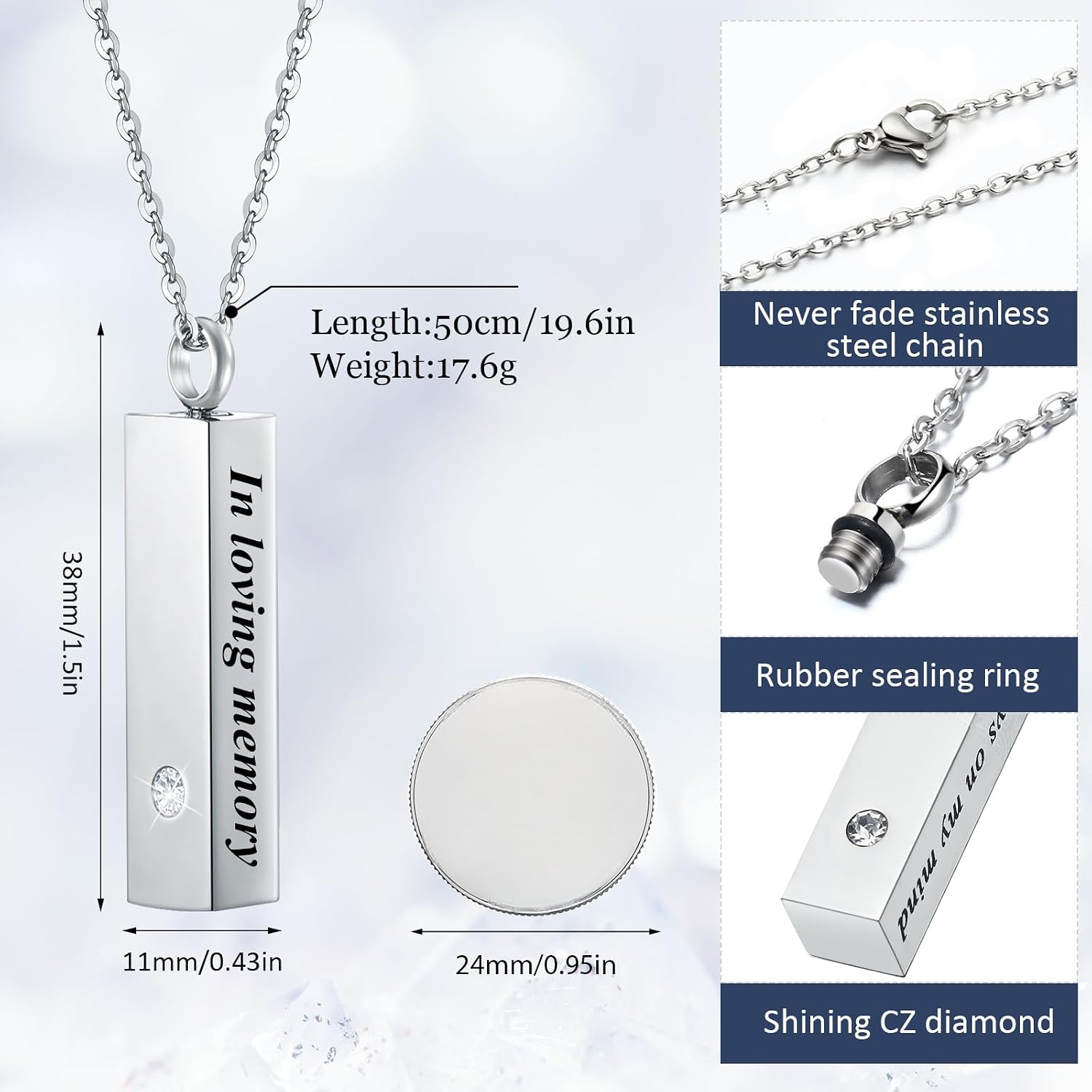 Urn Necklace for Ashes for Men Women Cremation Jewelry for Ashes Stainless Steel Small Keepsake Pendant for Human Ashes