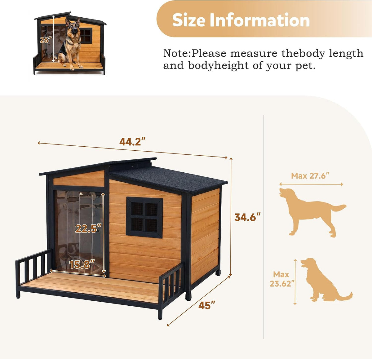 XLarge Dog House Outdoor Anti‑Chew Iron Wooden Elevated Dog Kennel Home 44"