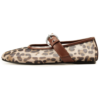 Women's Mesh Ballet Flats Round Toe Leopard Mary Jane Shoes 7.5