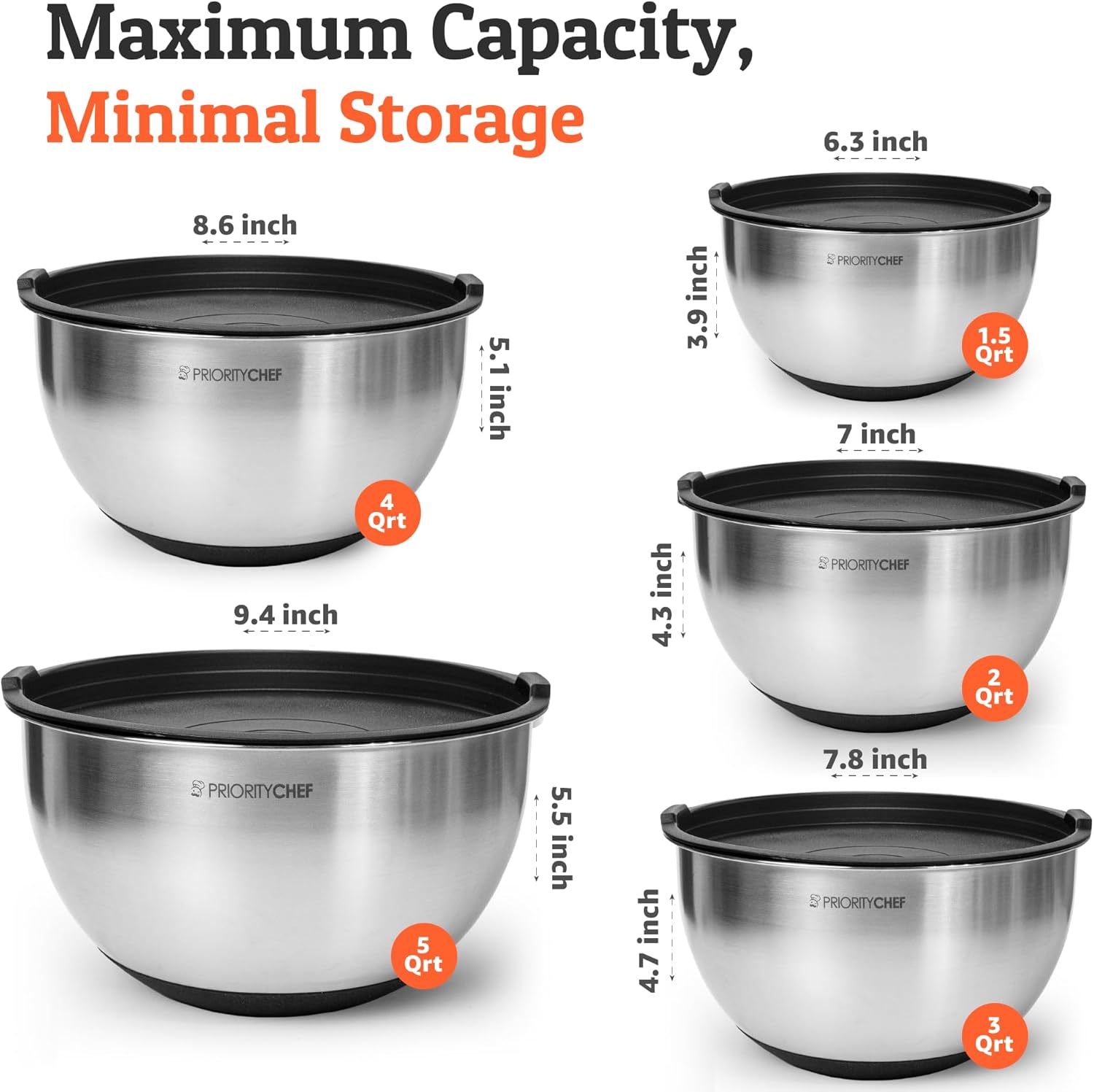 Premium Mixing Bowls With Lids Set, Airtight Lids, Thicker Stainless Steel, Non-Slip Base, 5 Nesting Steel Bowls for