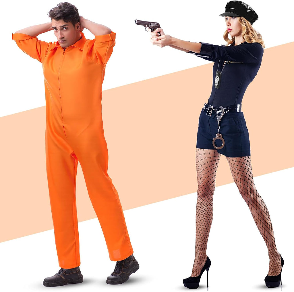 Halloween Couple Costume Orange Jumpsuit Costume Inmate Outfit Police Accessories Jail Criminal Uniform Adult