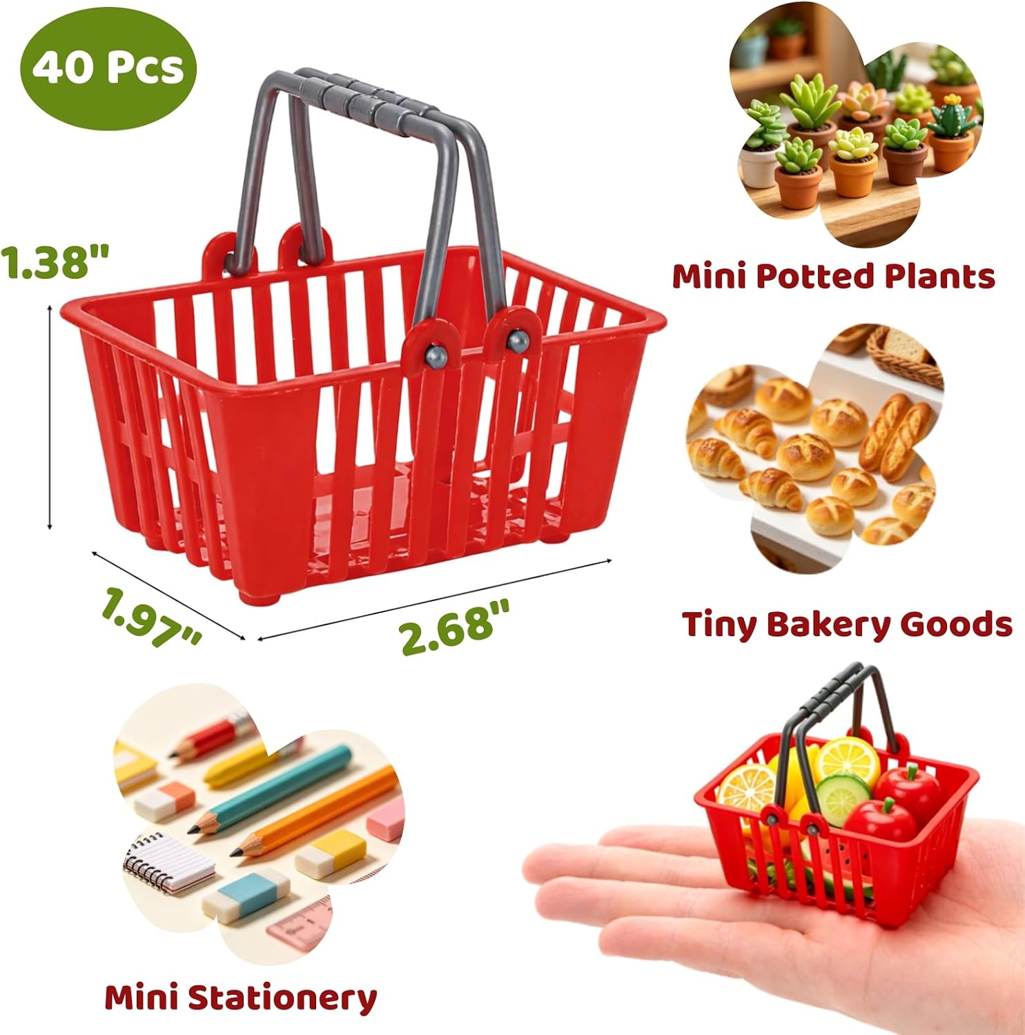 40 Pcs Mini Shopping Baskets, Plastic Mini Shopping Cart, Red Miniature Grocery Cart Supermarket Basket with Handles