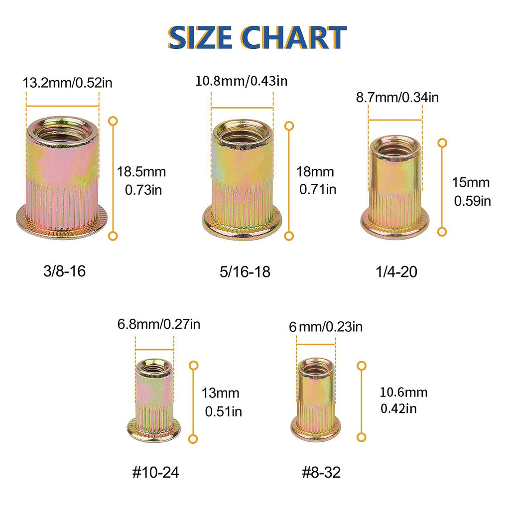 100PCS-Rivet Nuts,#10-24Carbon Steel UNC Rivet Nut Assortment Kit, Flat Head Threaded Insert Nutserts Assort(#10-24)
