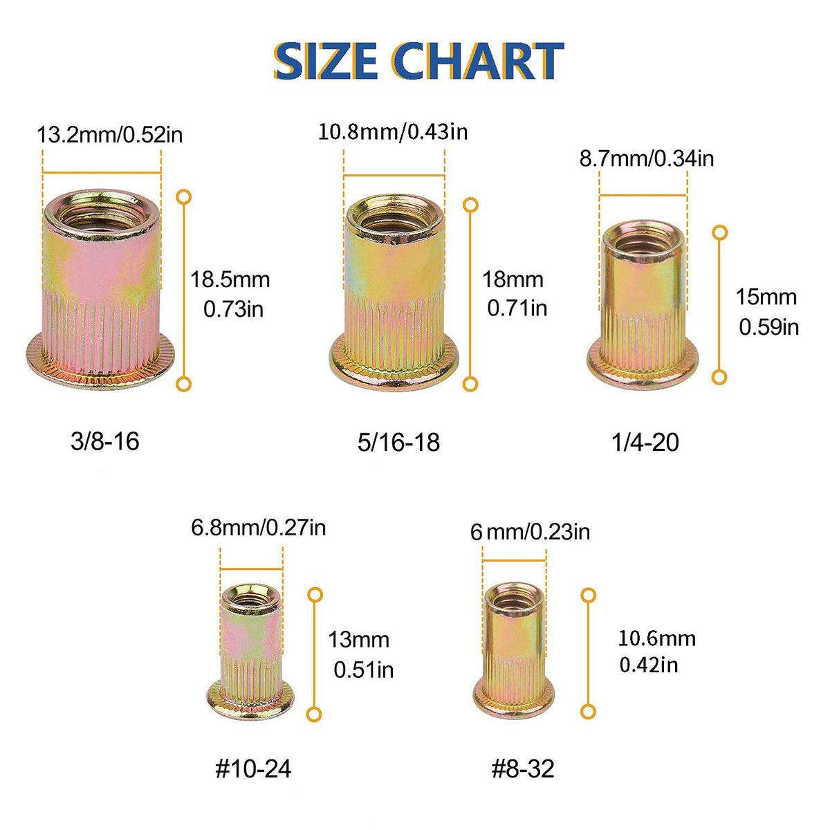 100PCS-Rivet Nuts,#10-24Carbon Steel UNC Rivet Nut Assortment Kit, Flat Head Threaded Insert Nutserts Assort(#10-24)