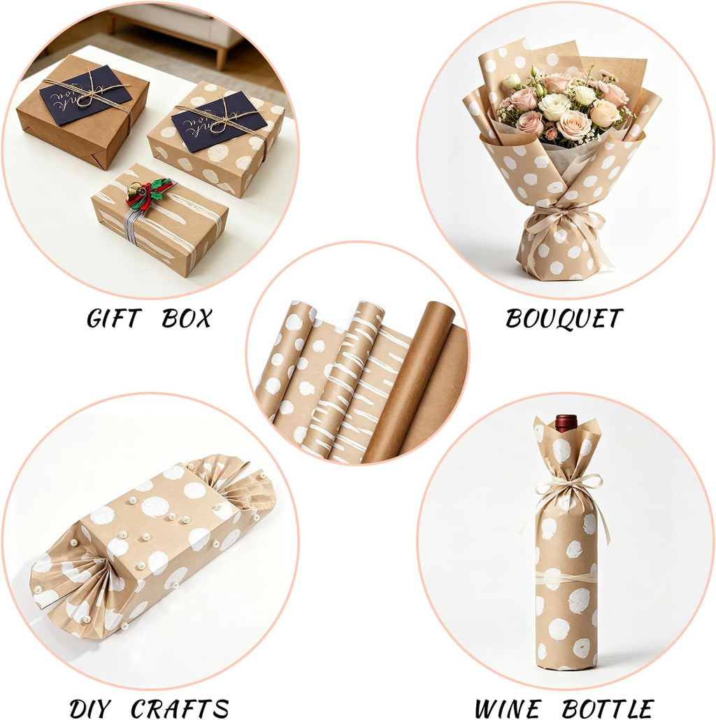 Kraft Wrapping Paper Rolls, Plain & Printed Wrap 17in x9.8ft for Gifts