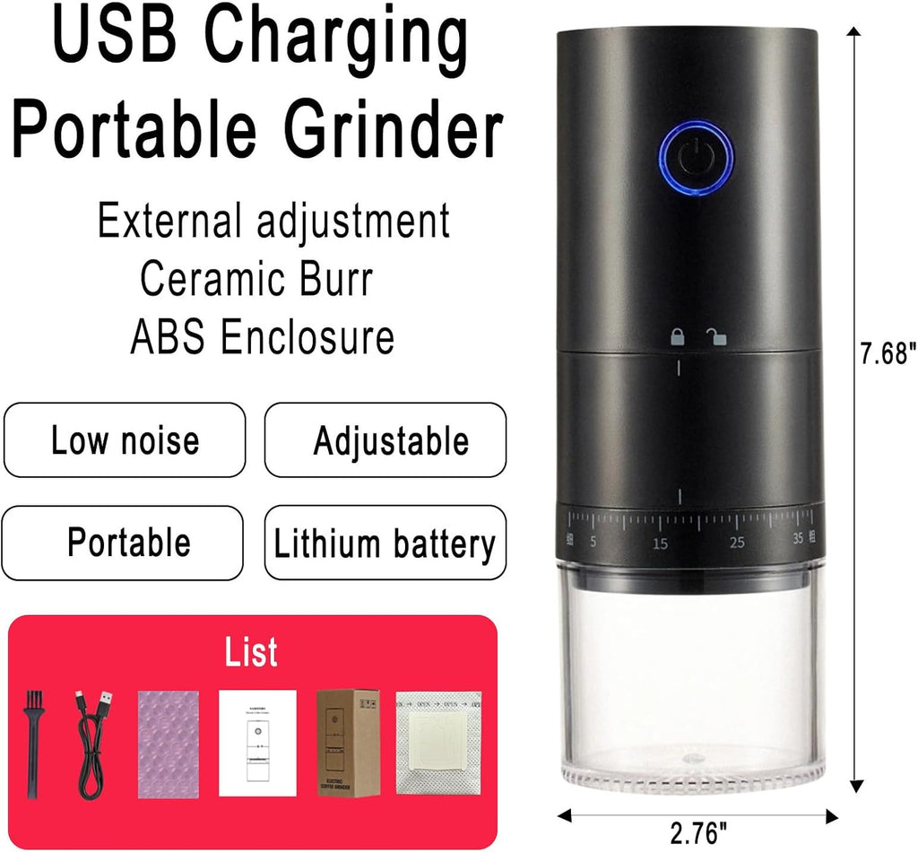 Portable Electric Burr Coffee Grinder, External Adjust, Rechargeable | 10 Drip Coffee Filter