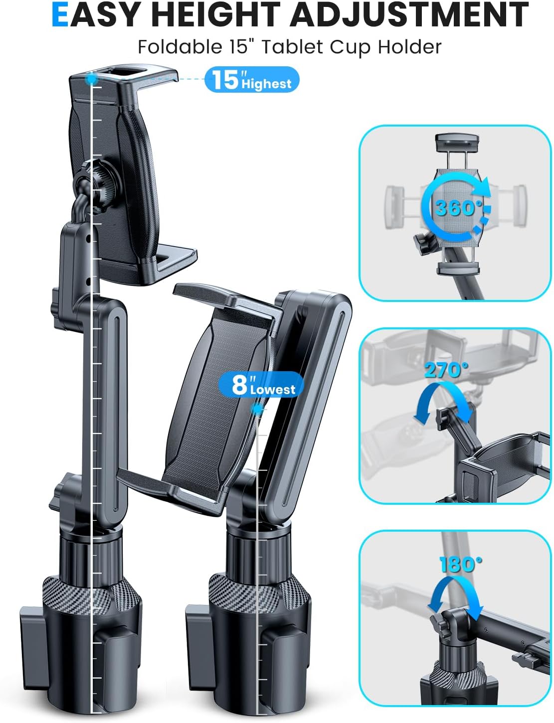 Tablet Holder for Car, for iPad Stand Cup Holder Car Mount with 1.57" Depth Large Clamp 15" Height Adjustable Tab