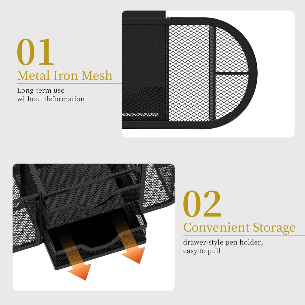 Mesh Desk Organizer, Desk Organizers and Accessories, Pen Holder with Drawers, Pencil Holder for Desk with 2 Drawer