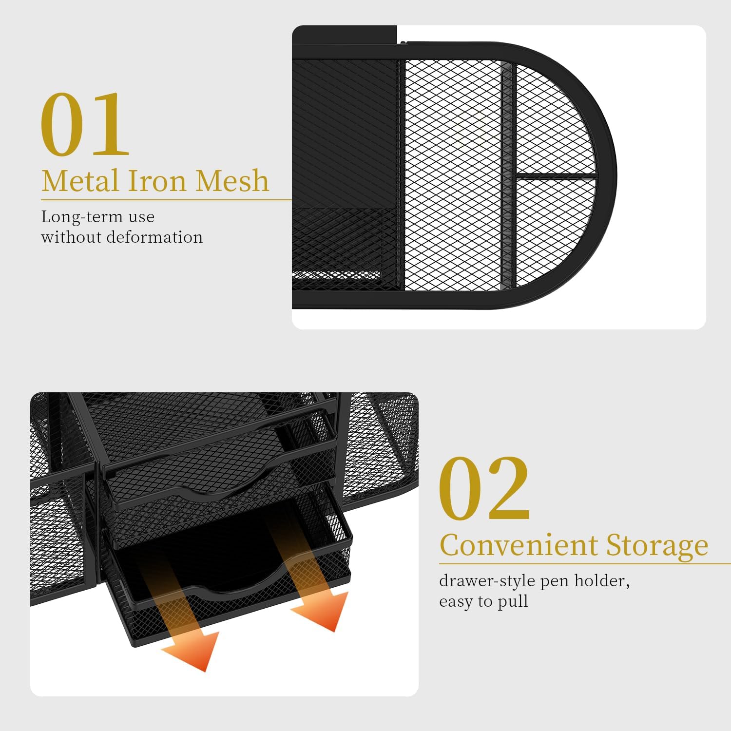 Mesh Desk Organizer, Desk Organizers and Accessories, Pen Holder with Drawers, Pencil Holder for Desk with 2 Drawer