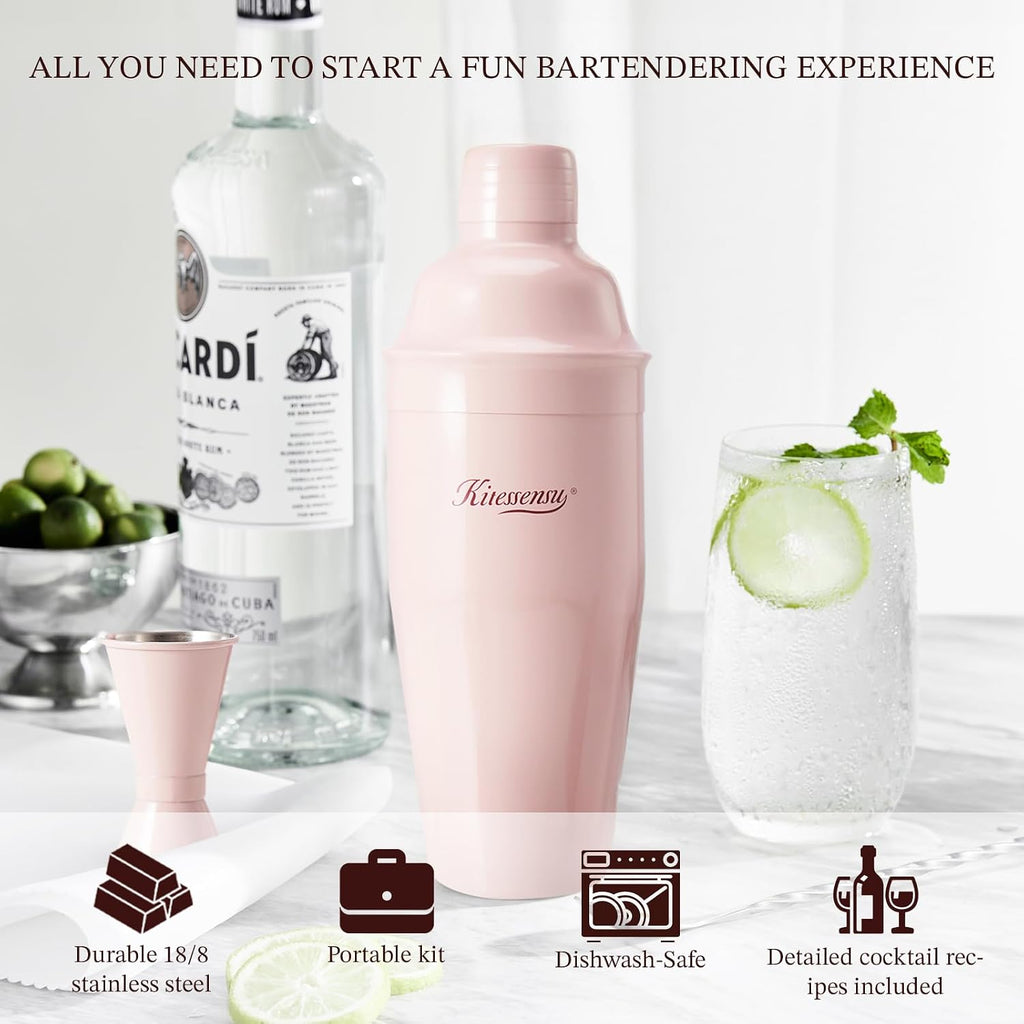 Cocktail Shaker Set, Stainless Steel Martini Shaker with Bartender Strainer, Measuring Jigger, Bar Mixing Spoon