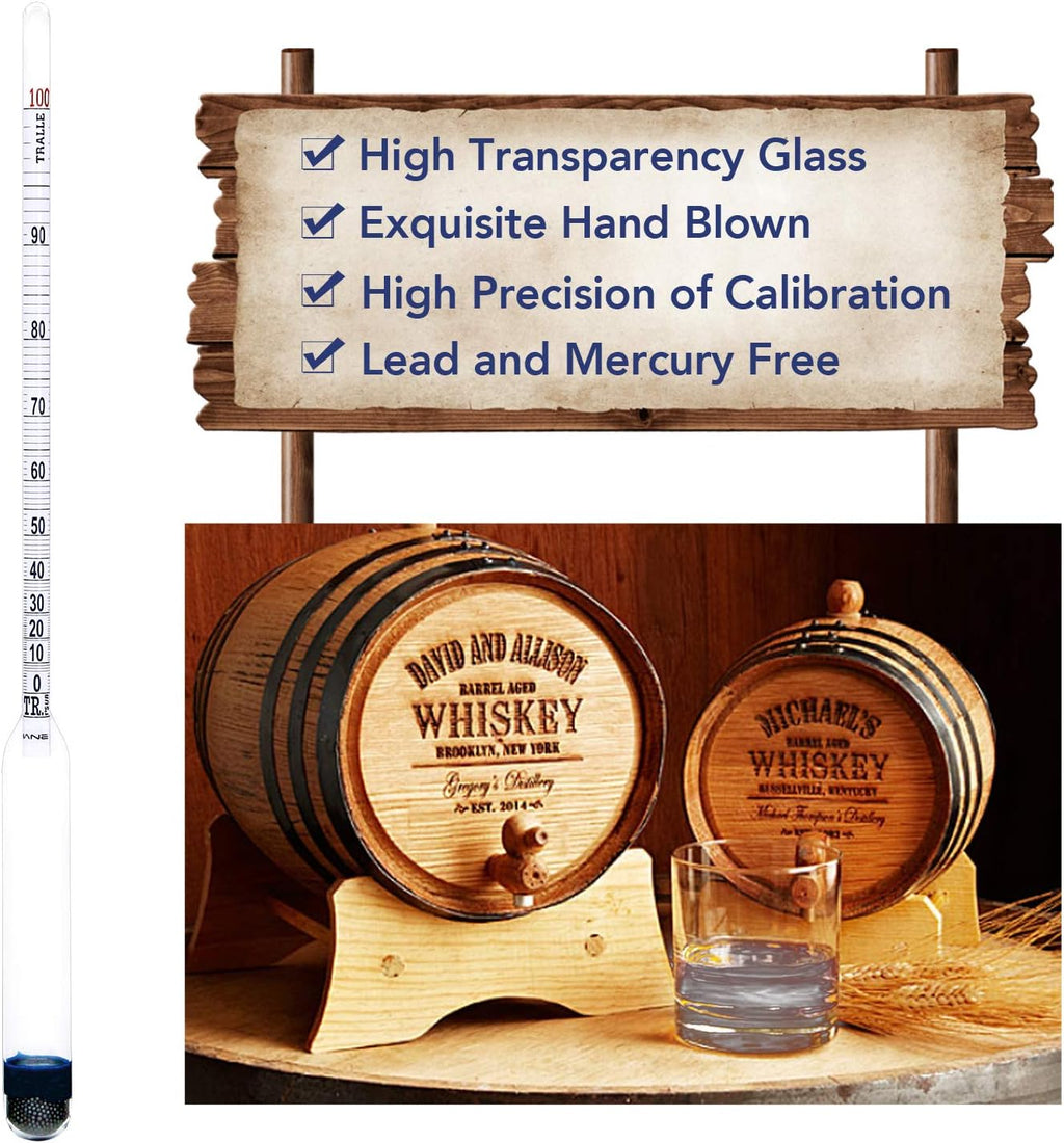 0-200 Proof & Tralle Alcohol Hydrometer with Glass Test Jar Kit, Accurate Tester & Glass Cylinder for Liquor