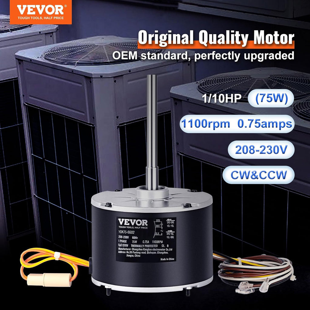 OEM Upgraded Condenser Fan Motor, 1/10HP 1100RPM, Replacement for ac GE Genteq Carrier Bryant Payne Dayton