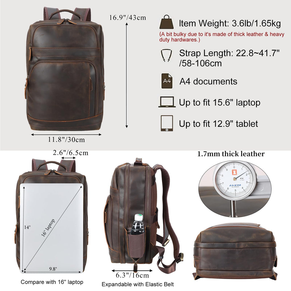 Brown Leather Laptop Backpack for Men 16 Inch Computer Work Bag