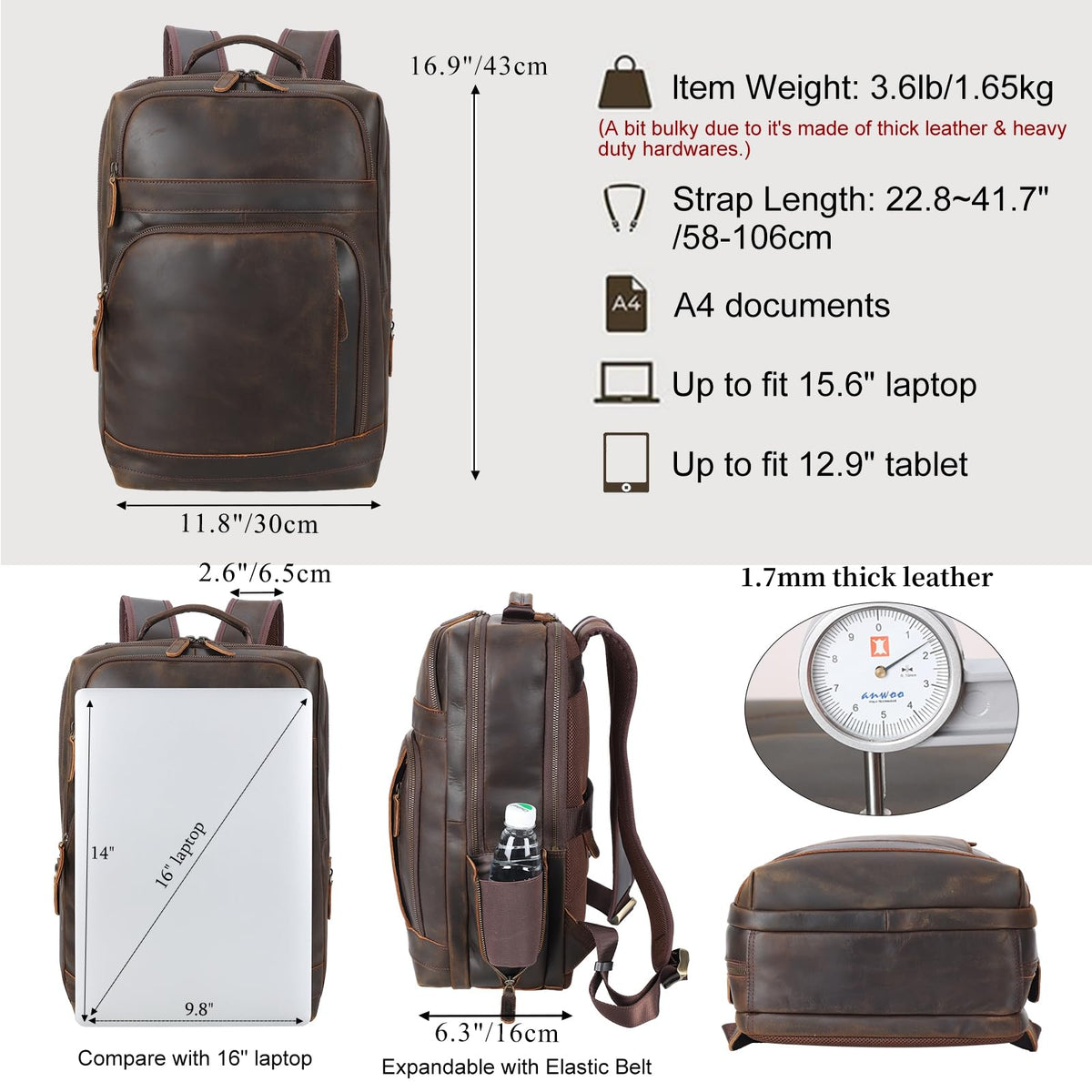 Brown Leather Laptop Backpack for Men 16 Inch Computer Work Bag