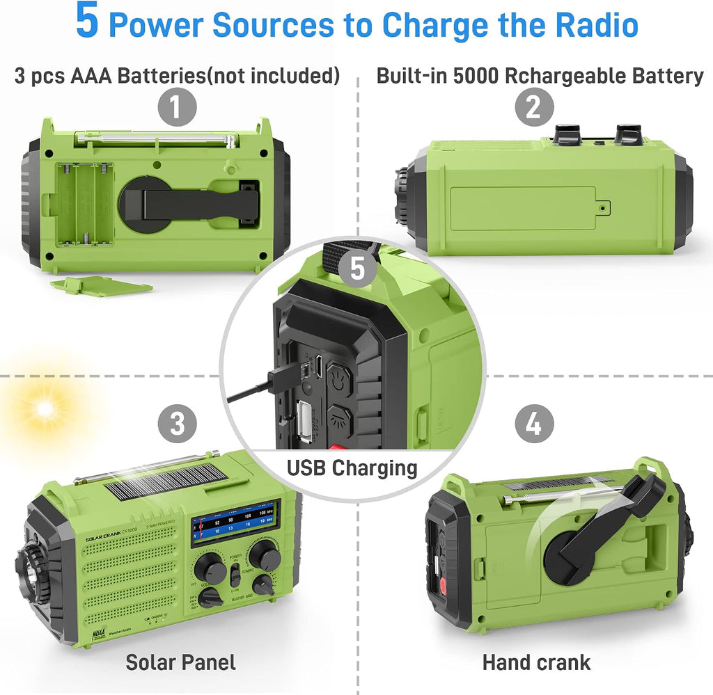 NOAA Weather Radio, Hand Crank Emergency Radio Solar Battery Operated AM FM | Portable Radio with AM/FM Shortwave