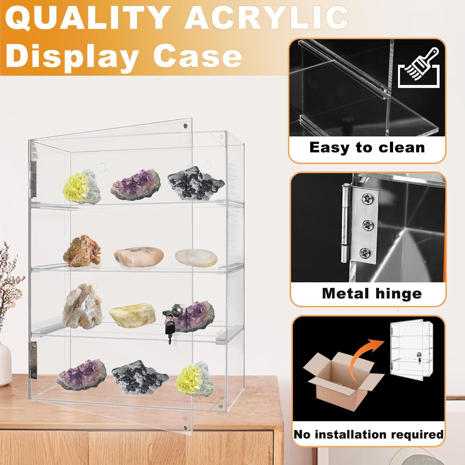 Acrylic Display Case with Lock Key 4 Tier Clear Display Case Locking Cabinet for Collectibles Figure Knife Rock
