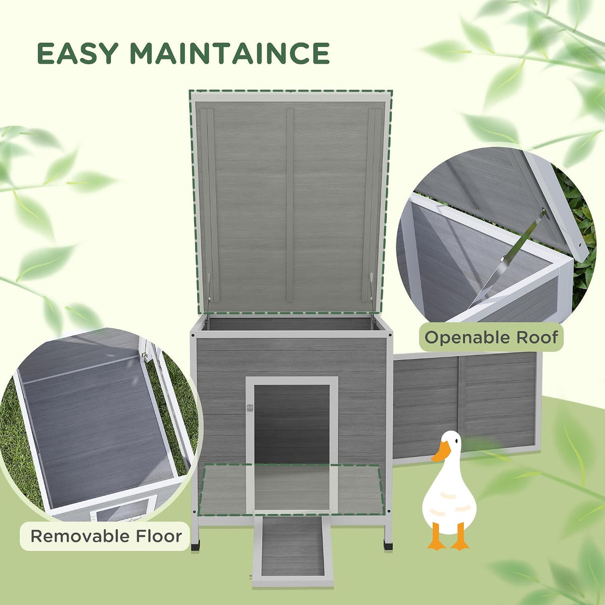 Duck Coop, Wooden Chicken House Rabbit Hutch with Openable Roof, Removable Floor, Double Doors, Ramp, Duck House for