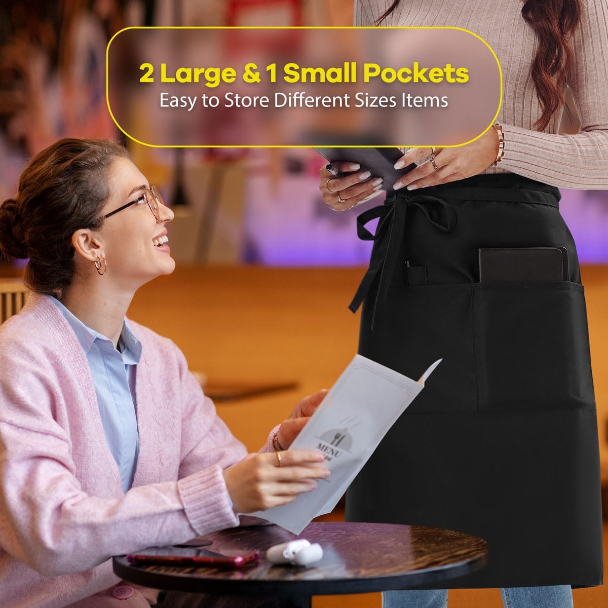 Long Server Apron Black with 3 Pockets 28" Bistro Aprons Waterproof