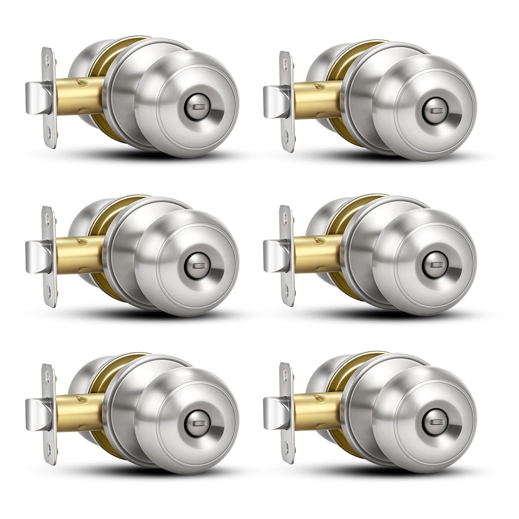 6 Pack Brushed Nickel Door Knobs,Privacy Door Knob with Lock, Interior Doorknobs Silver, Keyless Door Locks Set for