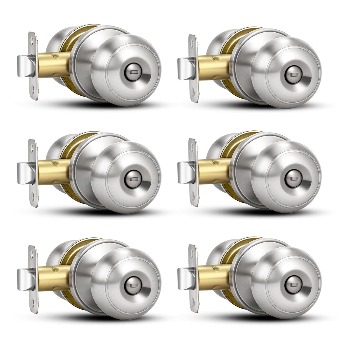 6 Pack Brushed Nickel Door Knobs,Privacy Door Knob with Lock, Interior Doorknobs Silver, Keyless Door Locks Set for
