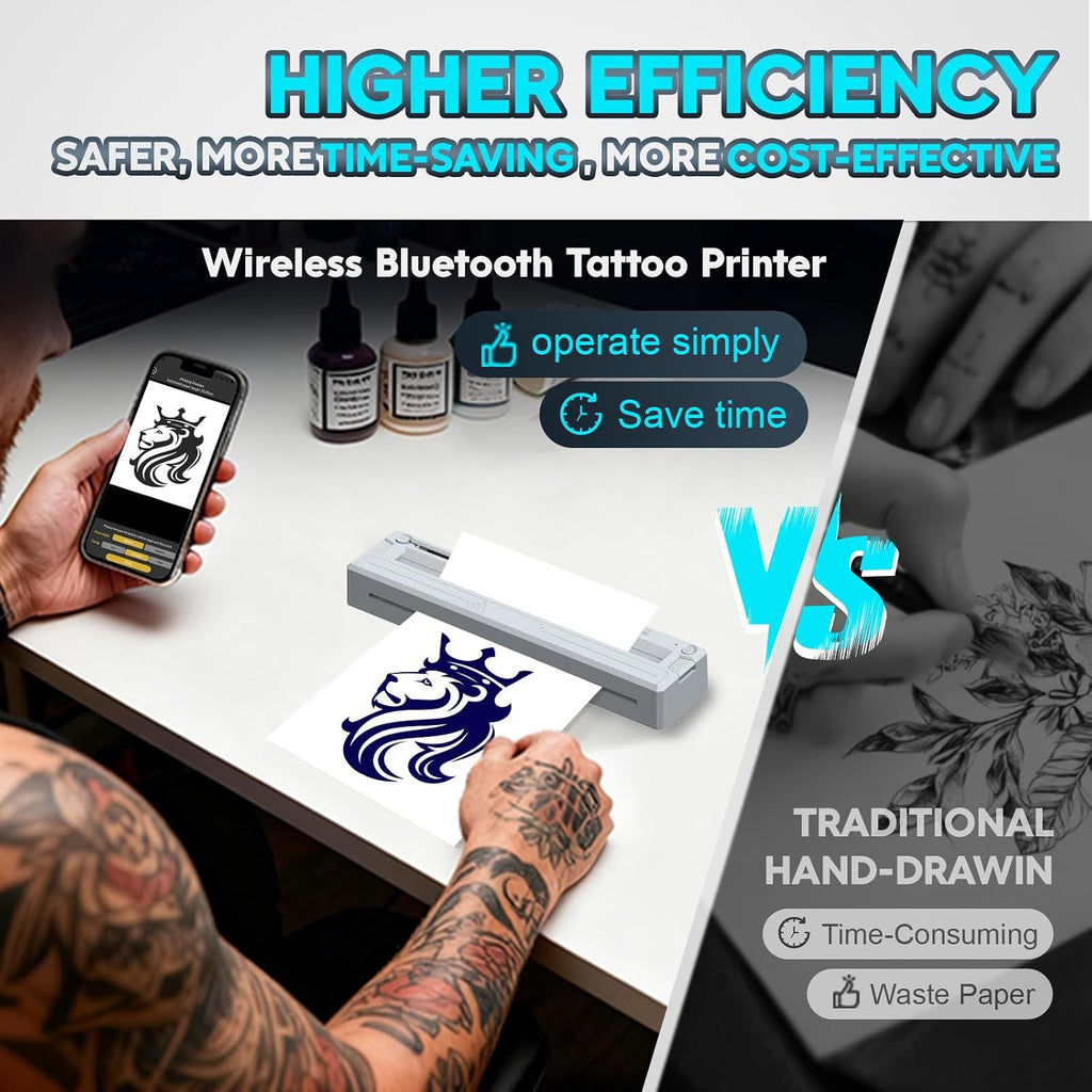 New Tattoo Stencil Printer - Wireless Bluetooth Thermal Kit with 10 Transfer Papers, Fits Custom-Size A4-A8 Width