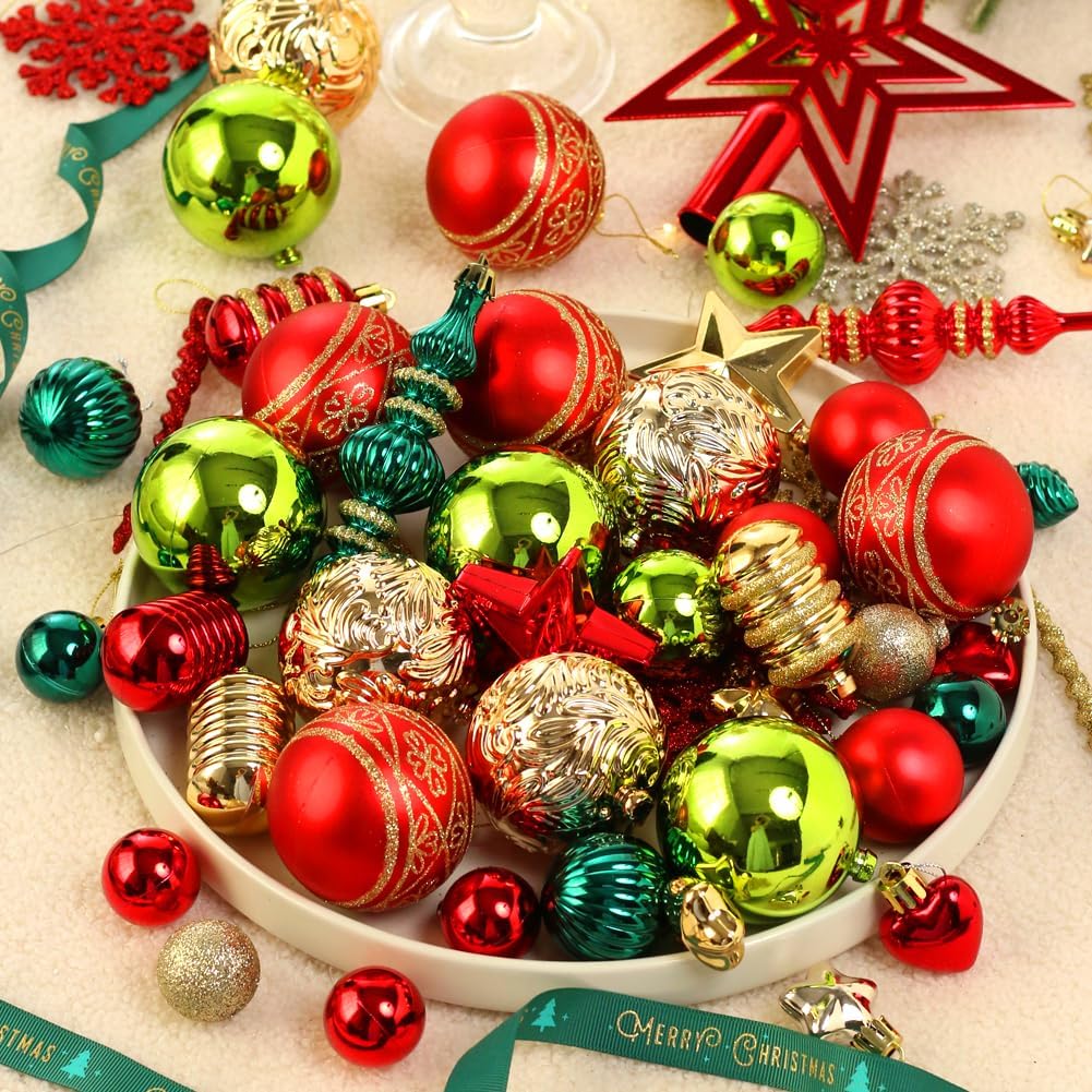 Christmas Tree Ornaments Set 78 Pack Red and Green Gold Christmas Baubles | Christmas Ball Shatterproof Hanging Tree