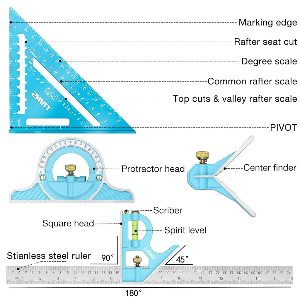 Rafter Square & Combination Square Tool Set, 7 Inch Aluminium-Alloy Carpenter Square & 16 Inch Zinc-Alloy Woodworking