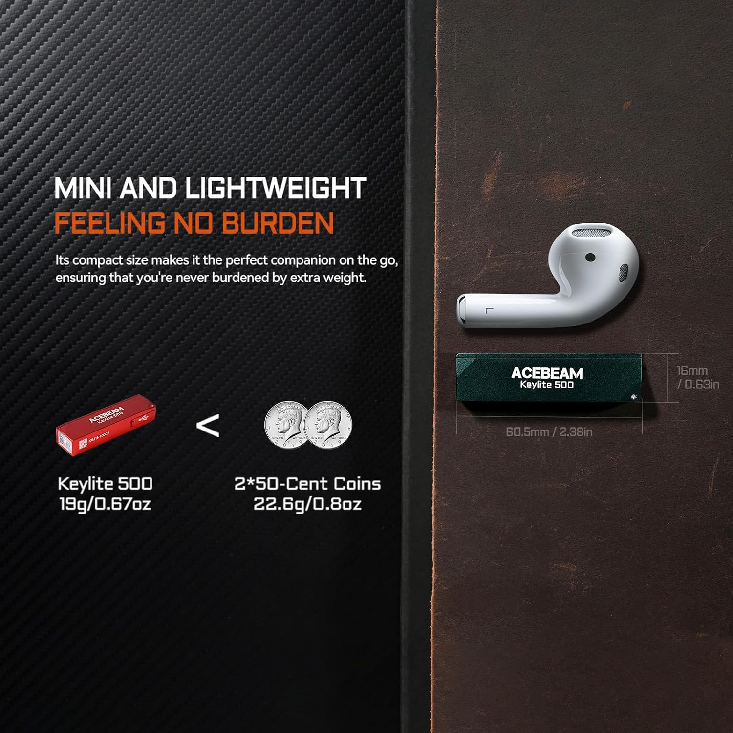 Keylite 500 High Lumens Keychain Flashlight, Flat Pocket EDC Light | Ultra-Compact Flashlight with Dual LEDs, 6