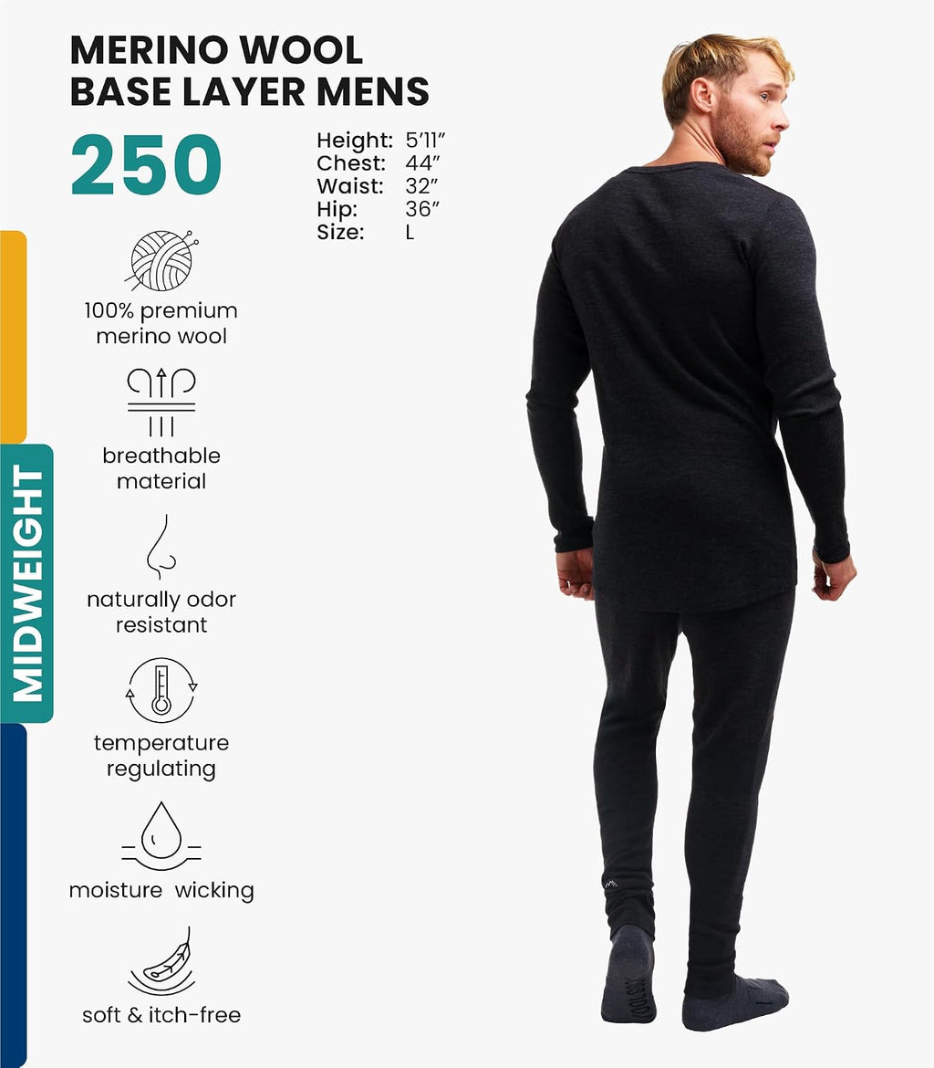 100% Merino Wool Base Layer Men Set - Thermal Underwear for Men Long Johns | Lightweight, Midweight, Heavyweight Long
