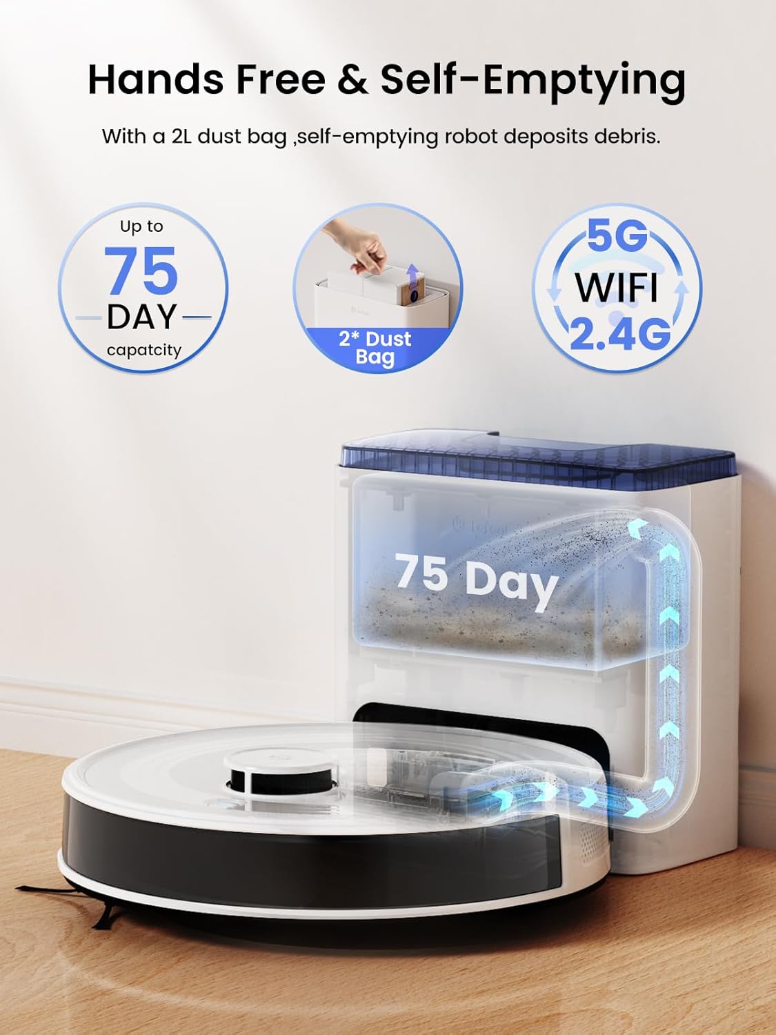 Robot Vacuum and Mop, 75-Day Self-Emptying, 6000Pa Strong Suction, Customized Cleaning, Multi-Floor Mapping, 130 Min