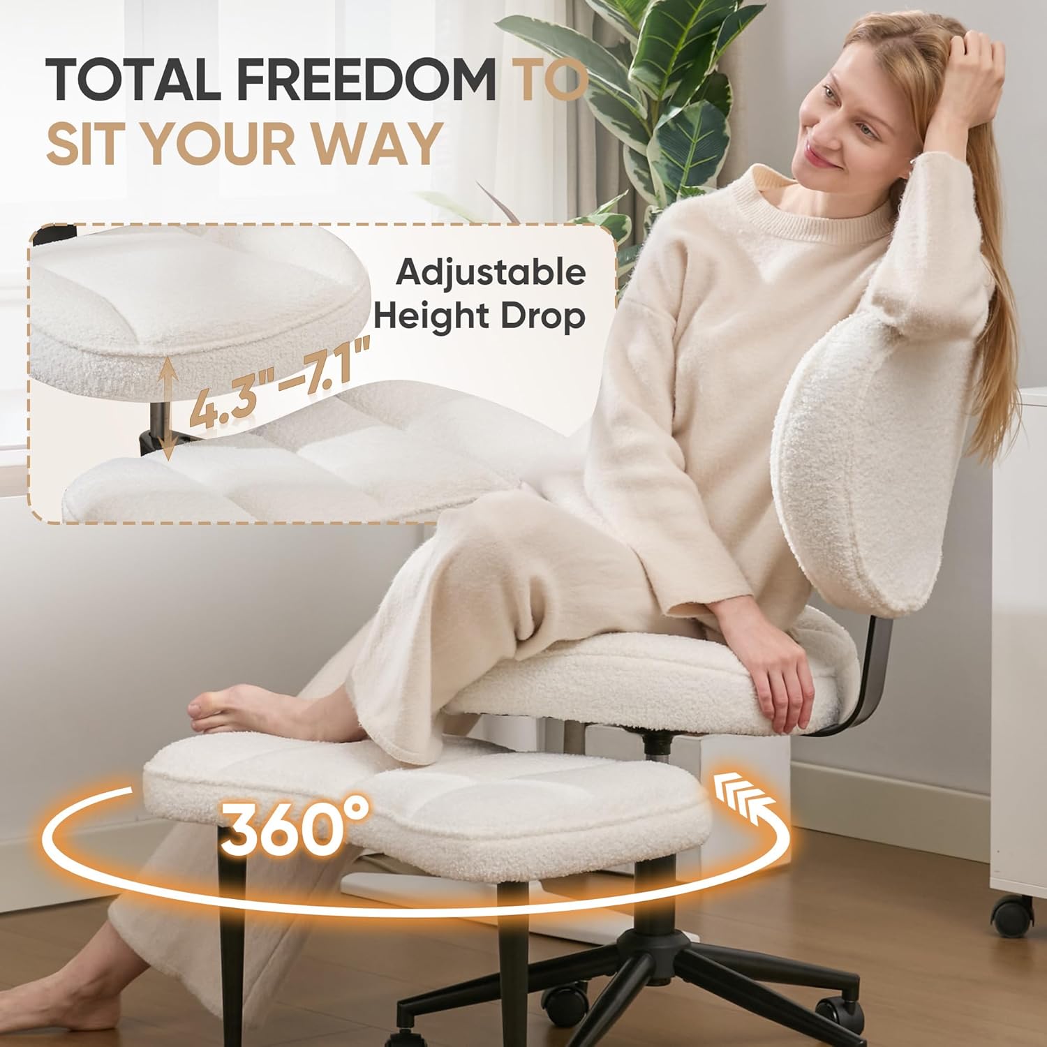 Criss Cross Office Chair with Wheels, Adjustable-Height Backrest & Swivel Footrest, Ergonomic Cross Legged Chair with