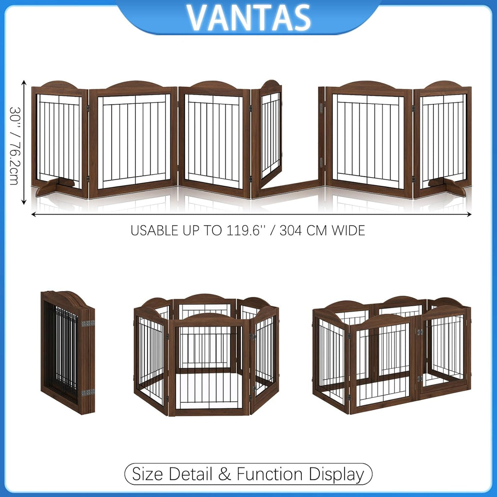 Folding No-Assembly Dog Door Pet Gate 144" Wide, 30" Tall Wooden Dog Gate with Door Walk Through, Freestanding Wire