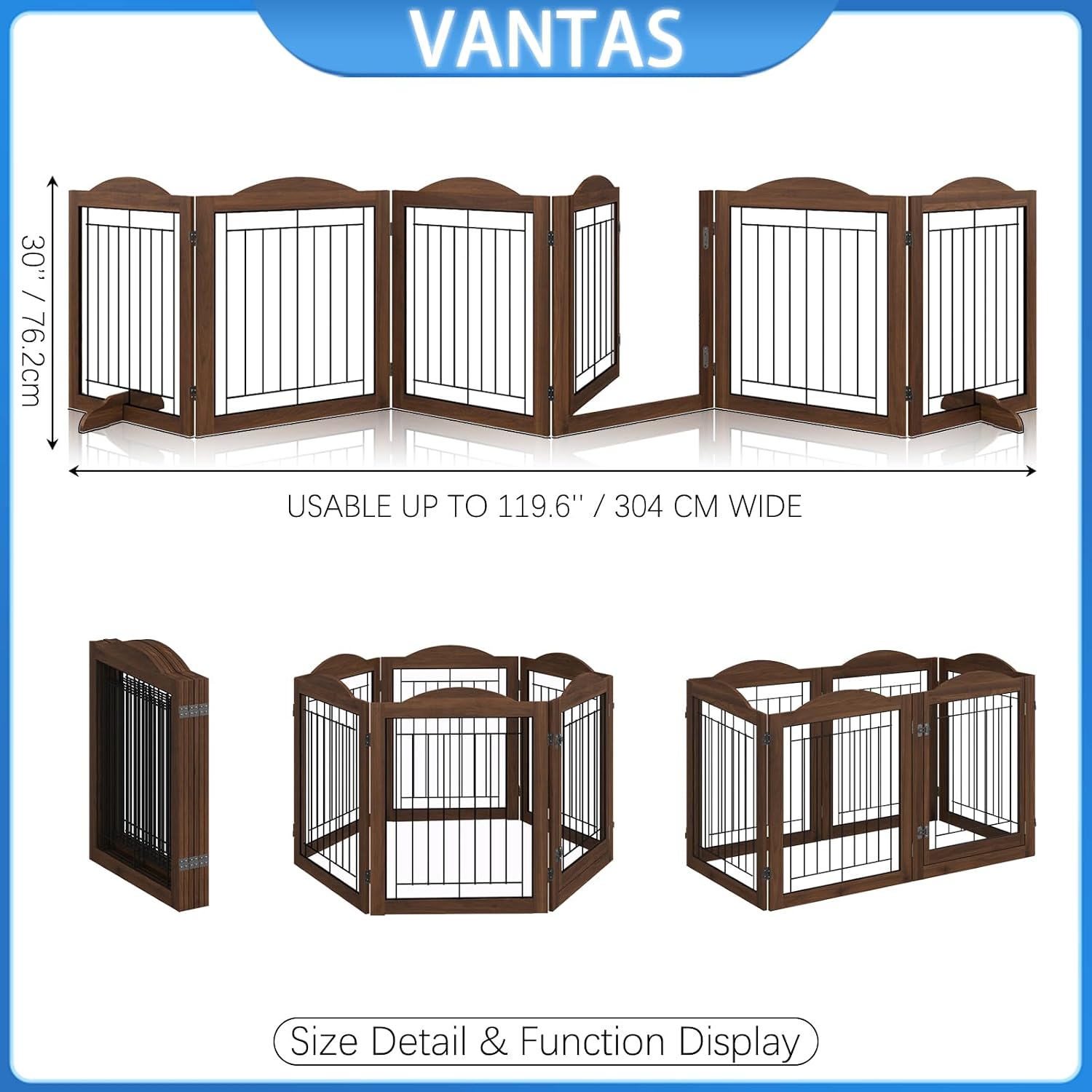 Folding No-Assembly Dog Door Pet Gate 144" Wide, 30" Tall Wooden Dog Gate with Door Walk Through, Freestanding Wire