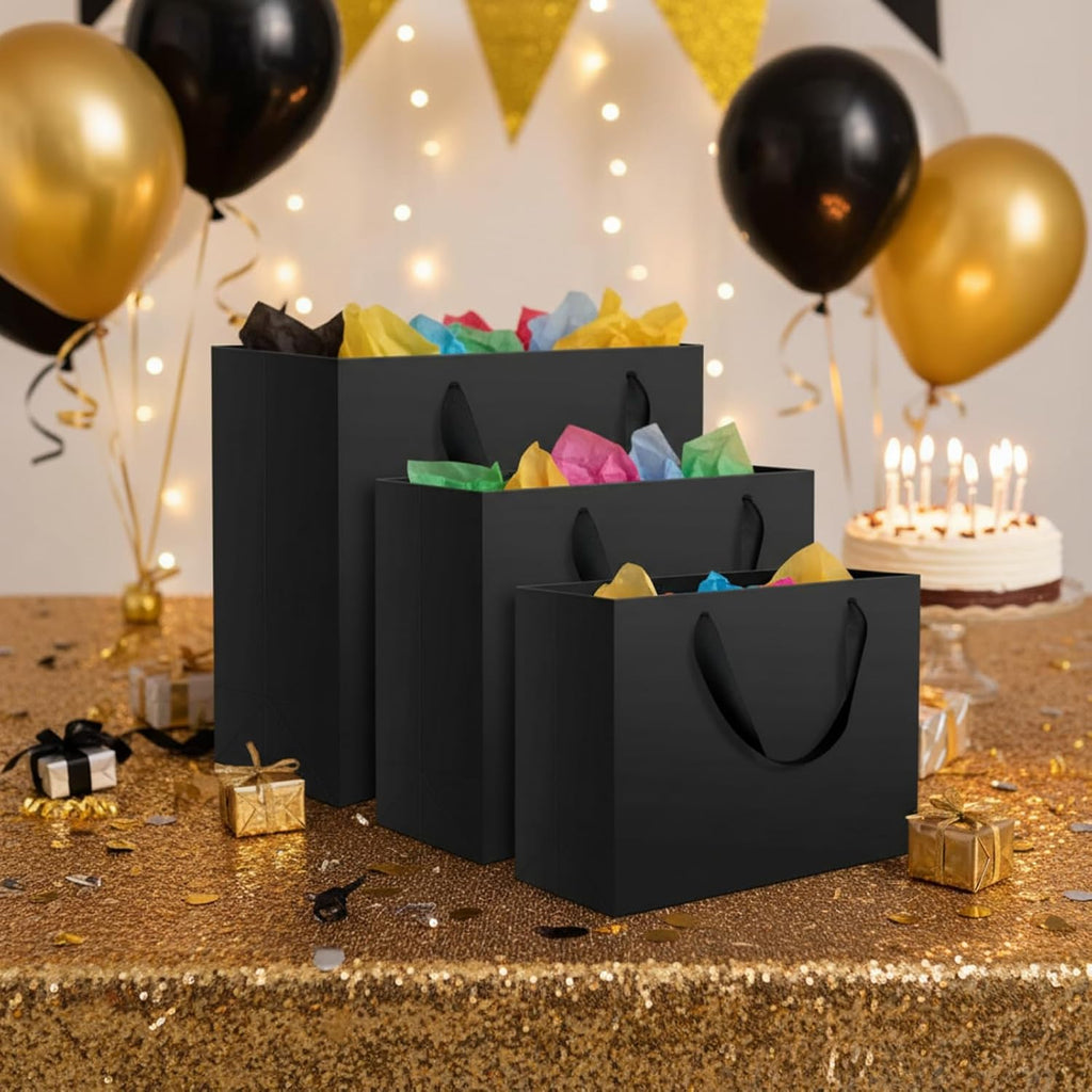 60 Pcs Black Paper Bags with Handles, Assorted Sizes Gift Bags