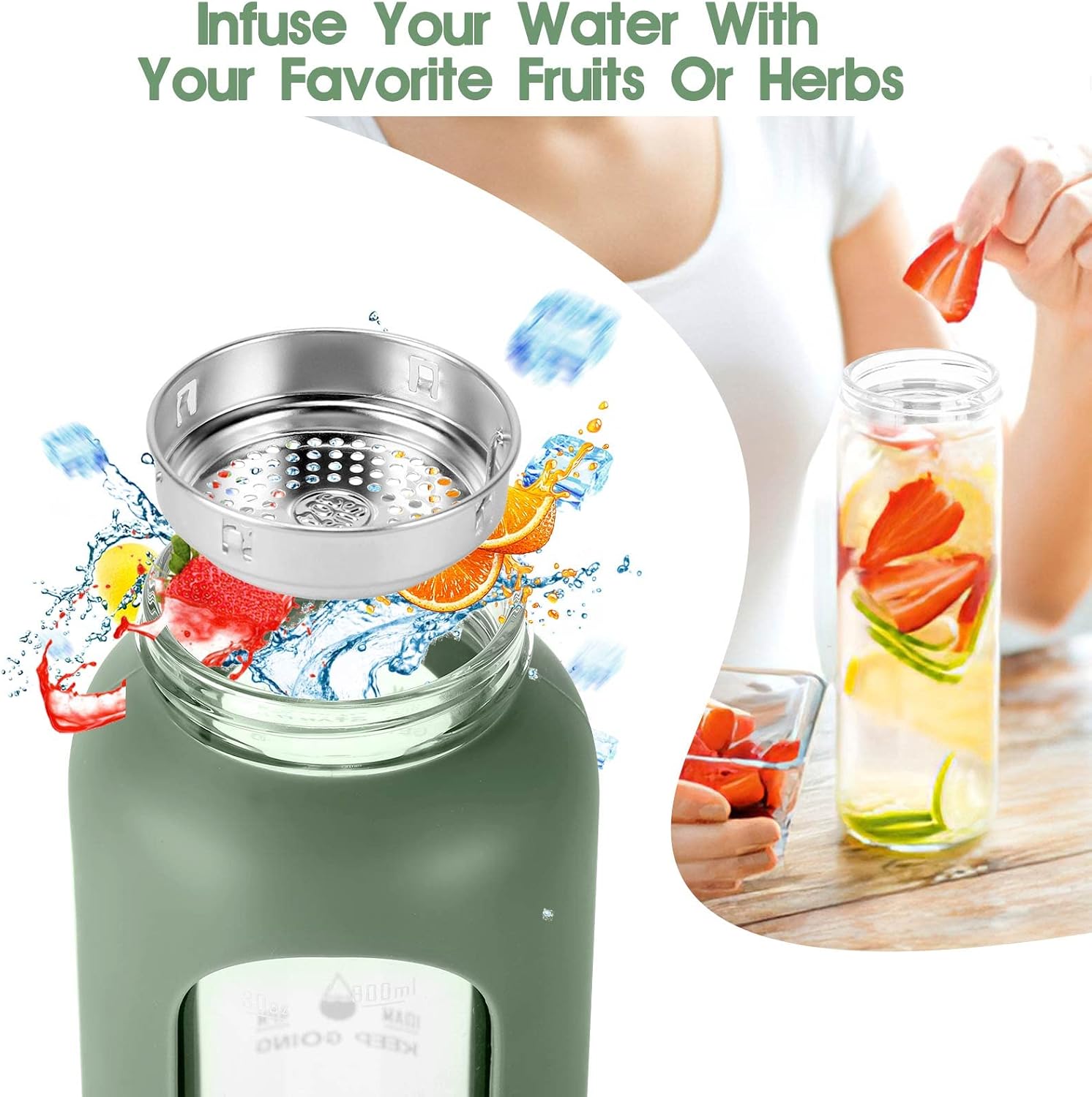 32 oz Glass Water Bottle with Straw - Motivational Time Marker & Silicone Sleeve - Reusable Tumbler Includes 2 Bamboo