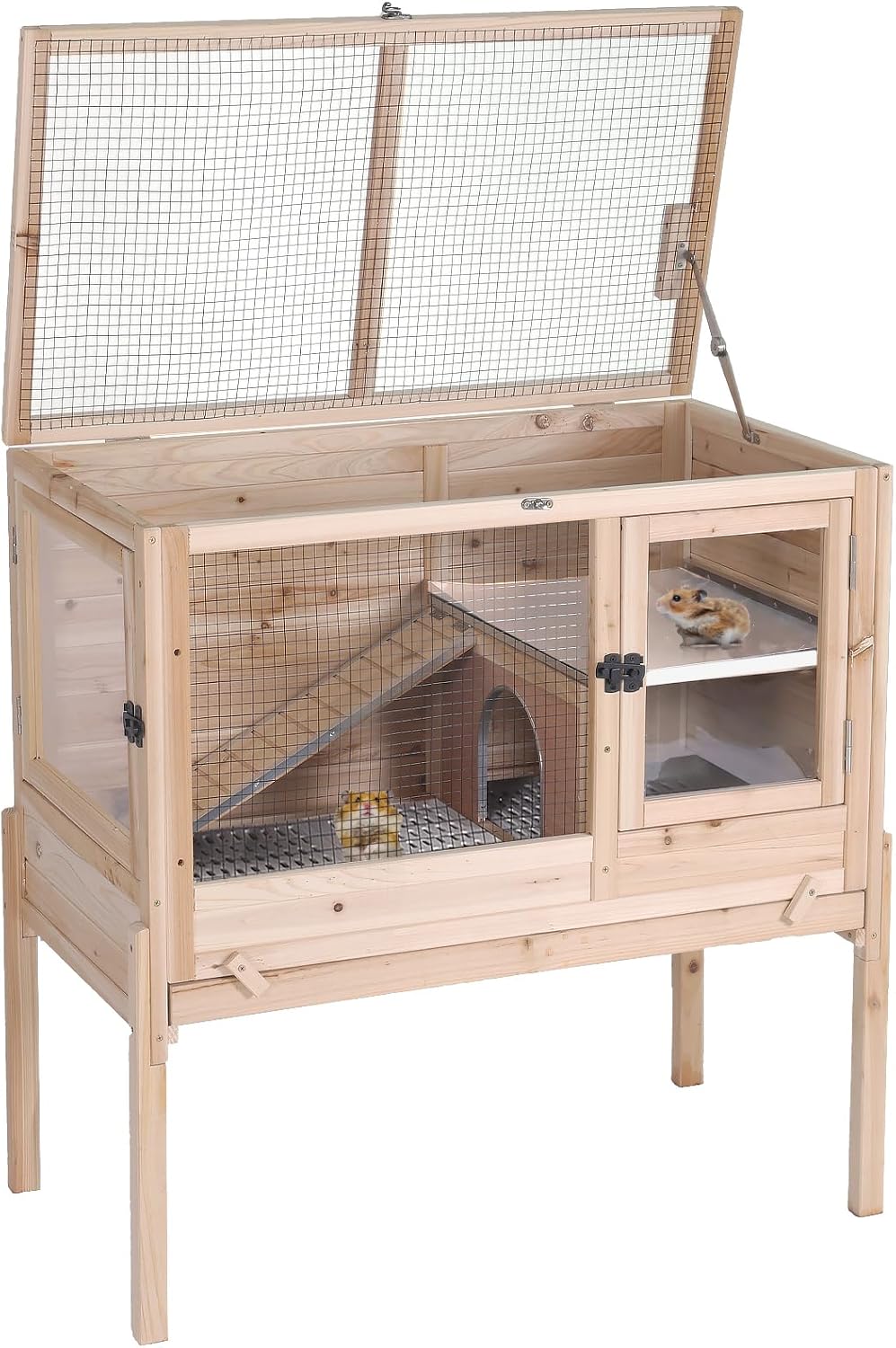 Wooden Guinea Pig Cages Indoor with Removable Stand, Anti Chewing Rabbit Hutch with Ramp and Wire Mesh, 2 Story Small