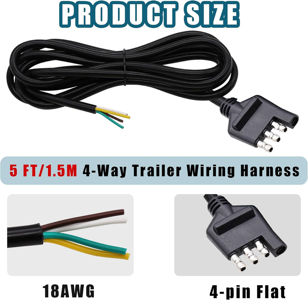 4-Way Trailer Wiring Harness - 5 Ft (1.5m) 4-Pin Flat Trailer Wire Extension Connector, Pure Copper